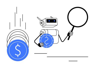 Robot büyüteç tutuyor, dolar işareti hareket halindeyken mavi paraları inceliyor. Finans, yapay zeka, teknoloji, otomasyon, yatırım, analitik ekonomi temaları için idealdir. Basit düz metafor