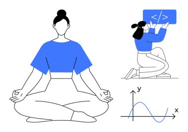 Nilüfer çiçeği pozunda meditasyon yapan bir kadın kod kırıcı ile başka bir programlama ve etiketli eksenli bir grafik. Farkındalık, kodlama, eğitim, analitik, üretkenlik, teknoloji sade iniş için ideal