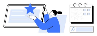 Bir yıldız simgesini, takvim düzenleyicisini ve arama çubuğunu gösteren bir tabletle etkileşime giren kişi. Üretkenlik, planlama, içerik oluşturma, organizasyon, programlama, araştırma sade iniş için ideal