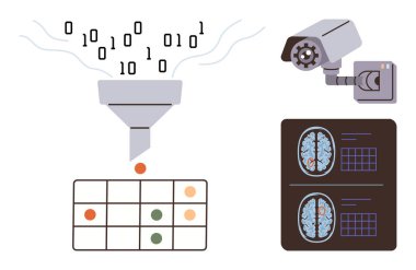 Veri bacası ikili kodu yapılandırılmış çıktılara çevirir, beyin taramaları sinirsel analizleri gösterir, güvenlik kamerası yapay zeka destekli izlemeyi sembolize eder. Veri bilimi için ideal, yapay