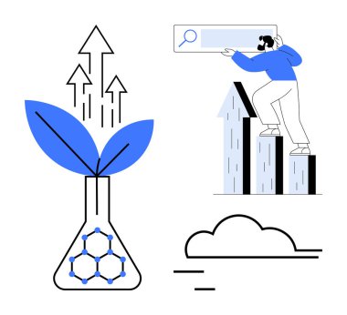 Oklarla dolu bir şişede büyüyen bitki, grafik çubuklarındaki eğilimleri analiz eden insan, bulut elementi. Sürdürülebilirlik, yenilik, araştırma, ilerleme, analitik büyüme geleceği için idealdir. Basit düz metafor