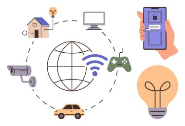Kablosuz sinyali olan dünya, ev, araba, oyun konsolu, kamera, ampul ve akıllı telefon açma uygulaması da dahil olmak üzere akıllı cihazlar. Teknoloji için ideal, IOT otomasyon yeniliği kablosuz