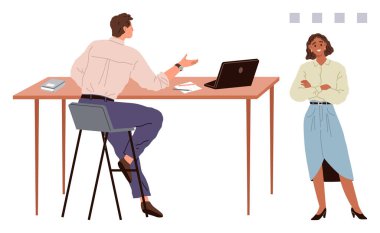 Kadın kollarını kavuşturmuş dururken, adam masada el kol hareketi yapıyor. Takım çalışması, iletişim, işbirliği, liderlik, işyeri dinamiği ve müzakere için ideal