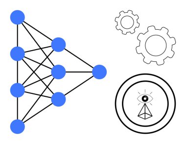 Birbirine bağlı mavi düğümler, mekanik dişliler, soyut göz ve çember şeklinde üçgen. Teknoloji için ideal, yapay zeka, makine öğrenimi, otomasyon, yenilik, veri bilimi basit iniş sayfası
