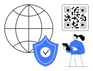 Tablet tutan kadın, bağlantıyı simgeleyen dünya, dijital erişim için QR kodu, güvenlik ve güveni vurgulayan işaretli kalkan. Teknoloji, siber güvenlik ve küresel iletişim için ideal