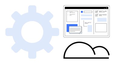Vites çarkı, bulut şekli ve form elementleriyle ağ arayüzü bulut hesaplamasını, veri organizasyonunu, sistem yapılandırmasını temsil eder. Teknoloji, üretkenlik, iş akışı, otomasyon yeniliği için ideal