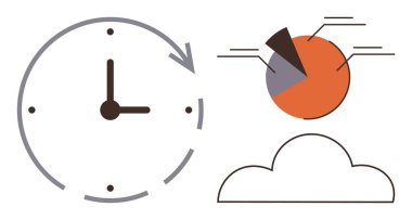 Dairesel oklu saat, veri noktalı segmentli pasta grafiği ve bulut çizgisi. Zaman yönetimi, veri analizi, bulut depolama, üretkenlik, teknoloji, iş akışı için ideal basit düz metafor