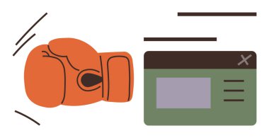 Boks eldiveni, hareket çizgileriyle yeşil ve gri web tarayıcı penceresine çarpıyor. Siber güvenlik, dijital saldırı, hackleme, direnç, çevrimiçi güvenlik, çatışma, basit düz metafor