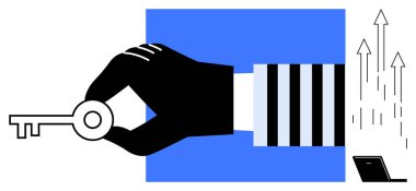 Mavi kare okların yanında bir anahtar tutan siyah eldivenli el bir dizüstü bilgisayarın yanında yükseliyor. İş çözümleri, problem çözme, yenilik, çevrimiçi erişim, kariyer büyümesi, dijital dönüşüm için ideal