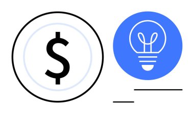 Çemberlerin içinde parlayan bir ampulün yanındaki dolar sembolü finans, yaratıcılık ve yeniliği temsil ediyor. İş stratejisi, finans, yenilik, girişim, pazarlama fikri için ideal