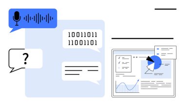Mikrofonlu konuşma balonu, ikili kod, ve haritaları ve analizleri gösteren bir dizüstü bilgisayarın yanında soru işareti. Veri bilimi, teknoloji işbirliği, iletişim, yapay zeka, eğitim ve yenilik için ideal