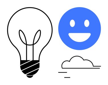 Fikirler için ampul, mutluluk için mutlu yüz ve basitlik için bulut. Yaratıcılık, pozitiflik, yenilik, ilham, beyin fırtınası, motivasyon için ideal basit iniş sayfası