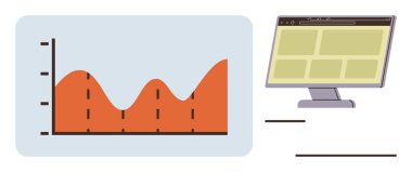 Rising line graph ve turuncu dolgu, ızgara düzenini gösteren bir monitörün yanında. Veri analizi, iş büyümesi, analitik, teknoloji, pazar eğilimleri, araştırma, asgari tarz, basit düz