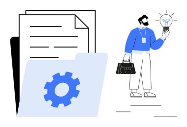 Profesyonellerin elinde bir ampul tutması belge ve klasörün yanında durur. Yaratıcı fikirleri sembolize eder. İşlem optimizasyonu, veri organizasyonu ve problem çözme. Üretkenlik için ideal