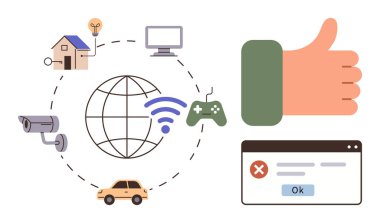 Küresel bir internet ağı üzerinden bağlı akıllı ev, araba, oyun ve kamera gibi cihazlar. Teknoloji, otomasyon, iletişim, yenilik, ağ dijital ekosistemleri izlemek için ideal