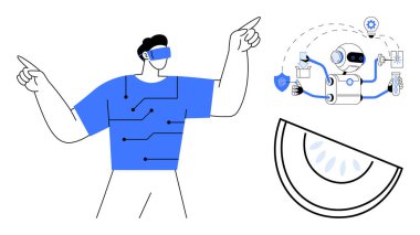 Giysilerinde dijital devreler olan VR kulaklık takan kişi, teknoloji ürünleriyle robot çoklu görev yapan kişi ve soyut geometrik element. Teknoloji, yenilik, yapay zeka, oyun, robot bilimi ve sanal için ideal.