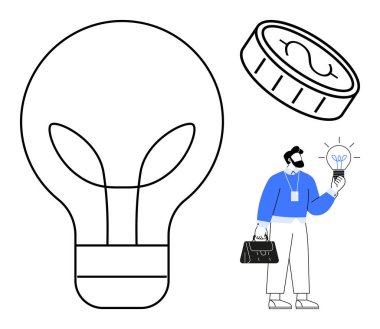Evrak çantalı bir işadamı elinde ekolojik ampul, başında bozuk para, büyük ampul çizgisi var. Sürdürülebilirlik, yenilik, finans, çevre bilinci, yeşil enerji, girişimcilik için ideal