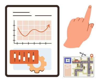 Yükselme eğilimli grafiği olan tablet, sürgüleri ayarlamak, otomatik sürüş arabası ve uyduları olan navigasyon haritası, ve işaret eden el. Veri içgörüsü, analiz, teknoloji, yapay zeka, otomasyon haritalama için ideal