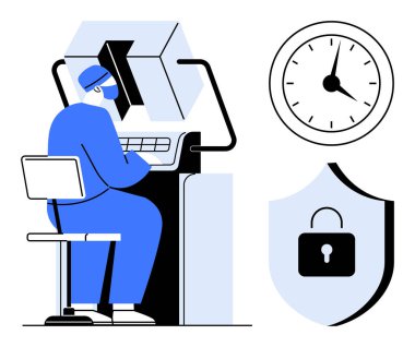 Kontrollü ortamda makine kullanan işçiler, saati, güvenlik sembollü kalkanı gösterir. Endüstri, güvenlik, kesinlik, veri koruması, zaman yönetimi, sağlık için ideal