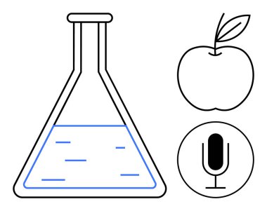 Sıvı ile laboratuvar şişesi, yaprakla elma ve mikrofon. Bilim, eğitim, yenilik, sağlık, beslenme iletişimi ve teknoloji temaları için idealdir. Basit bir iniş sayfası için mükemmel.