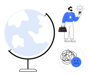 Kıtalarla dolu bir dünya, parlak bir fikir ampulü tutan kişi, üzgün yüzlü birbirine dolanmış çizgiler. Yenilik için ideal, küresel çözümler, yaratıcılık, problem çözme, sürdürülebilirlik, ilham