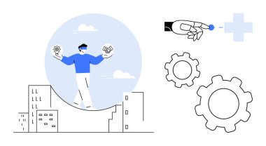 İnsanoğlu yenilikleri dengeler ve şehir manzarasının üzerinde el sıkışma ikonları, robotik el dijital teçhizatla etkileşir. Takım çalışması, yenilik, teknoloji, otomasyon, ortaklıklar, yapay zeka, basit iniş sayfası için ideal