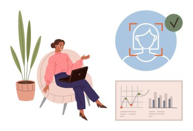 Dizüstü bilgisayarı olan bir kadın, biyometrik profil doğrulama grafiği, veri analiz çizelgesi ve saksı bitkisi. Teknoloji, iş, güvenlik, analitik, uzak görevler dijital kimlik ve çevrimiçi için ideal