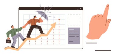 Profesyoneller ok grafiğine tırmanıyor, bir kalkan riskten, diğeri ise destek veriyor. Büyük rehber parmak. Büyüme, takım çalışması, strateji, iş başarısı, liderlik sorunları aşmak için ideal