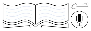 Mavi metin satırları olan açık bir kitap, ses öğrenimi için bir mikrofon ve bilgiye erişimi sembolize eden bir anahtar. Eğitim, e-öğrenim, sesli kitaplar, araştırma, yenilik, erişilebilirlik için ideal basit