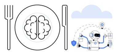 Çatal ve bıçakla kaplanmış beyin, bilgi tüketimini simgeliyor. Robot bulutlarla, viteslerle, aletlerle ve fikirlerle görevler yapıyor. Yapay zeka, öğrenme, çoklu görev, yenilik teknolojisi bulutu için ideal
