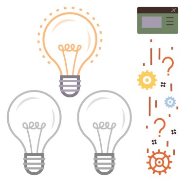 Parlak efektli ampuller, dişlilerle, soru işaretleriyle, tarayıcı penceresiyle eşleştirilmiş. Yaratıcılık, yenilik, beyin fırtınası, teknoloji, problem çözme gelişimi için ideal basit düz metafor