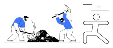 Kayaları kırmak için kazma ve çekiç kullanan iki işçi ve yanında minimalist bir koşu figürü. Takım çalışması, çaba, güç, kararlılık, iş gücü, azim için ideal, basit iniş sayfası