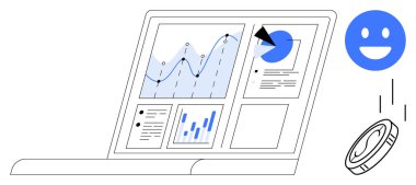 Çizgi grafiği, pasta grafiği ve veri gereçlerini gösteren dizüstü bilgisayar. Mavi gülen yüz ve para kullanıcı memnuniyetini ve gelir artışını ifade eder. İş analizleri, finans, performans, büyüme için ideal