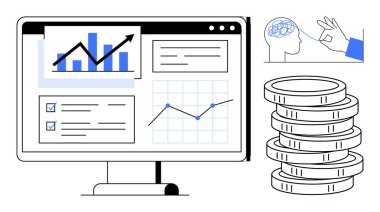Bilgisayar ekranında analiz çizelgeleri, beyin çizimleri ve birikmiş paralar var. Finans, analitik, strateji, büyüme, veriye dayalı kararlar, eğitim ve yenilik için ideal. Basit düz