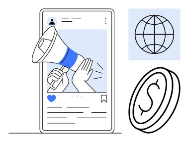 Çevrimiçi promosyon için megafonu olan akıllı telefon ekranı, kar için bir madeni para, ve küresel ulaşım için bir dünya. Sosyal medya, reklam, e-ticaret, iletişim, markalaşma ve nüfuz sahibi için ideal