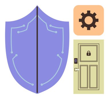 Devreli mavi kalkan, turuncu kutuda vites simgesi ve kilitli güvenlik kapısı. Siber güvenlik, veri koruması, mahremiyet, akıllı ev, teknoloji, güvenlik için ideal basit düz metafor