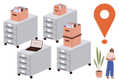 Evraklarla dolu dolaplar, istiflenmiş depolama kutuları, bir dizüstü bilgisayar, saksı bitkisi, lokasyon iğnesi ve sakin bir profesyonel. Ofis organizasyonu, verimlilik, lojistik takım çalışması verileri için ideal