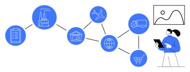 Fabrika, depo, uçak, dünya, kamyon, bir ağa bağlı alışveriş arabası, tablet ve çizgi grafiğiyle kişi tarafından analiz edildi. Lojistik ve planlama yönetimi ağ dağıtım stratejisi için ideal