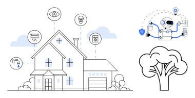 Akıllı ev özelliklerini gösteren modern ev yapay zeka robotu, güvenlik, aydınlatma kontrolü, ısıtma sistemleri ve IoT cihazlarını onaylıyor. Teknoloji için ideal, Al, IOT, ev otomasyon enerji verimliliği
