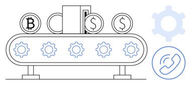 Taşıyıcı bant, kripto para ve dolar paralarını hareket halindeki dişlilerle hareket ettirir. Vites simgesi ve iletişim sembolü üretkenliği, işlem otomasyonunu, kripto para birimini ve finansal sistemleri temsil eder. İdeal