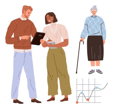 İki genç profesyonel tabletler üzerinde veri tartışırken, bastonlu yaşlı bir kişi trendleri gösteren bir grafikle izliyor. Takım çalışması, veri incelemesi, kıdemli bakım ve sağlık araştırmaları için ideal