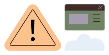 Ünlem işaretli turuncu uyarı üçgeni, yeşil web sitesi penceresi ve bulut şekli. Teknoloji, ihtiyat, uyarı mesajlaşması, siber güvenlik, veri depolama, internet sorunları için ideal basit düz metafor