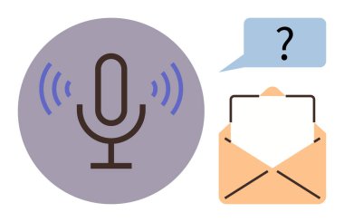 Dalgalı mikrofon, dokümanlı zarf ve soru işareti baloncuğu sesli mesajlaşma, dijital iletişim, geri bildirim, e-posta, soruşturma hizmetleri, podcast veya yardım masasını vurguluyor. Medya için ideal
