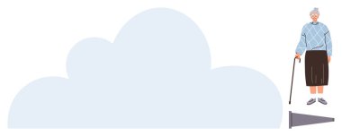 Gri bir megafon ve soyut bir bulutun yanında duran bastonlu yaşlı kadın. İletişim, sağlık, yaşlı bakımı, avukatlık, yaşlanma, destek, toplum için idealdir. Basit bir düz metafor.