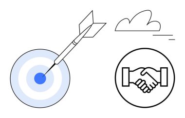 Ok hedefi vuruyor, tokalaşma ikonu ve bir bulut. Ticari başarı, hedef belirleme, takım çalışması, anlaşma, doğruluk, strateji ve basit iniş sayfası için ideal