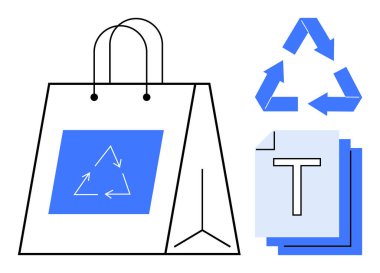 İkonik geri dönüşüm okları, katmanlı kağıt çarşaflar ve çevre dostu tema içeren geri dönüşümlü kağıt poşet. Sürdürülebilirlik, çevre bilinci, geri dönüşüm, eko-ürünler, ambalaj, markalaşma için ideal