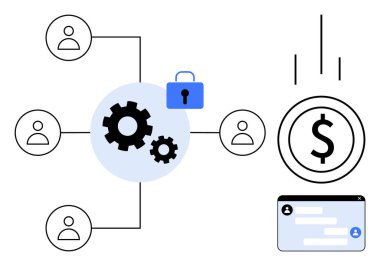 Bağlı kullanıcılar vitesler, asma kilit, dolar simgesi, ve sohbet görüntüleme işbirliği, veri güvenliği, finansal işlemler ve iletişim. Takım çalışması ve güvenlik fintech ticari planlaması için ideal