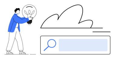 Bulut çizgisi ve arama çubuğunun yanında ampul taşıyan adam yaratıcılığı, bulut hesaplamasını ve arama teknolojisini simgeliyor. Yenilik için ideal, veri araştırması, problem çözme, beyin fırtınası, bulut