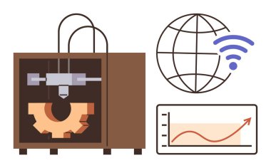 3D yazıcı mekanik teçhizat yaratıyor, kablosuz sinyalli dünya bağlantıyı vurguluyor, yukarı doğru eğilim grafiği. Teknoloji, yenilik, imalat, ağlar, veri, ilerleme mühendisliği için ideal