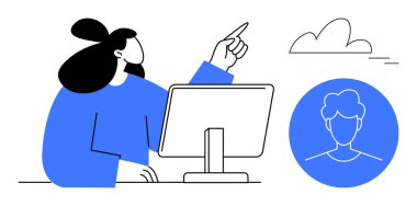 Masadaki kadın bilgisayar ekranının yakınını işaret ediyor, mavi kullanıcı profili simgesi ve bulut. Takım çalışması, yaratıcılık, iletişim, beyin fırtınası, yenilik, kullanıcı arayüzü uzak çalışma için ideal